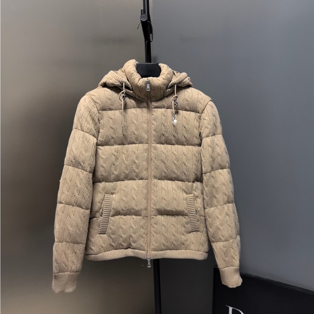 Ralph Lauren Beige Quilted Cable-Knit Hooded Puffer Jacket